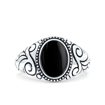 Filigree Vintage Style Lab Opal Ring Solid Oval Oxidized Simulated Black Onyx 925 Sterling Silver